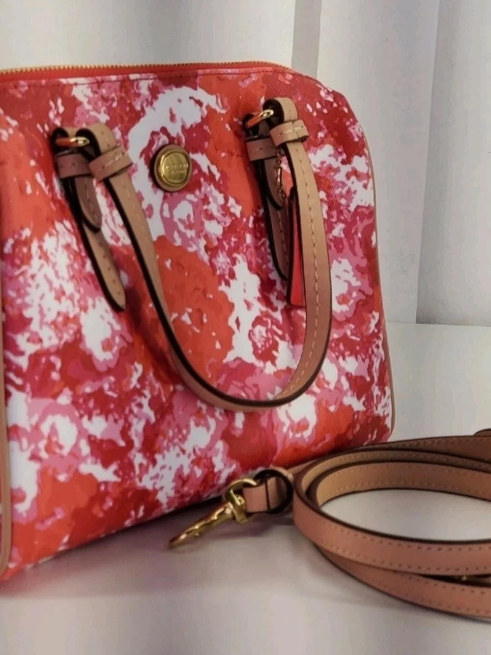 Coach Mini Benton Peyton Satchel/Crossbody in Orange,Red & Pink, Vaccheta Trim